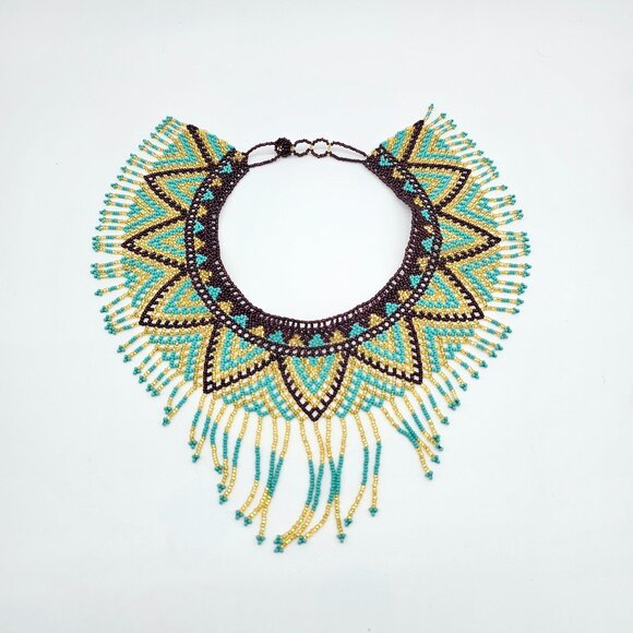 Huichol Beaded Collar Necklace| Handmade Purple, Turquoise & Gold – New from Mex - Picture 16 of 16
